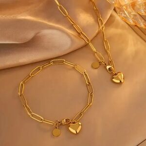18 KT Gold Over Titanium Gold Heart Necklace Set